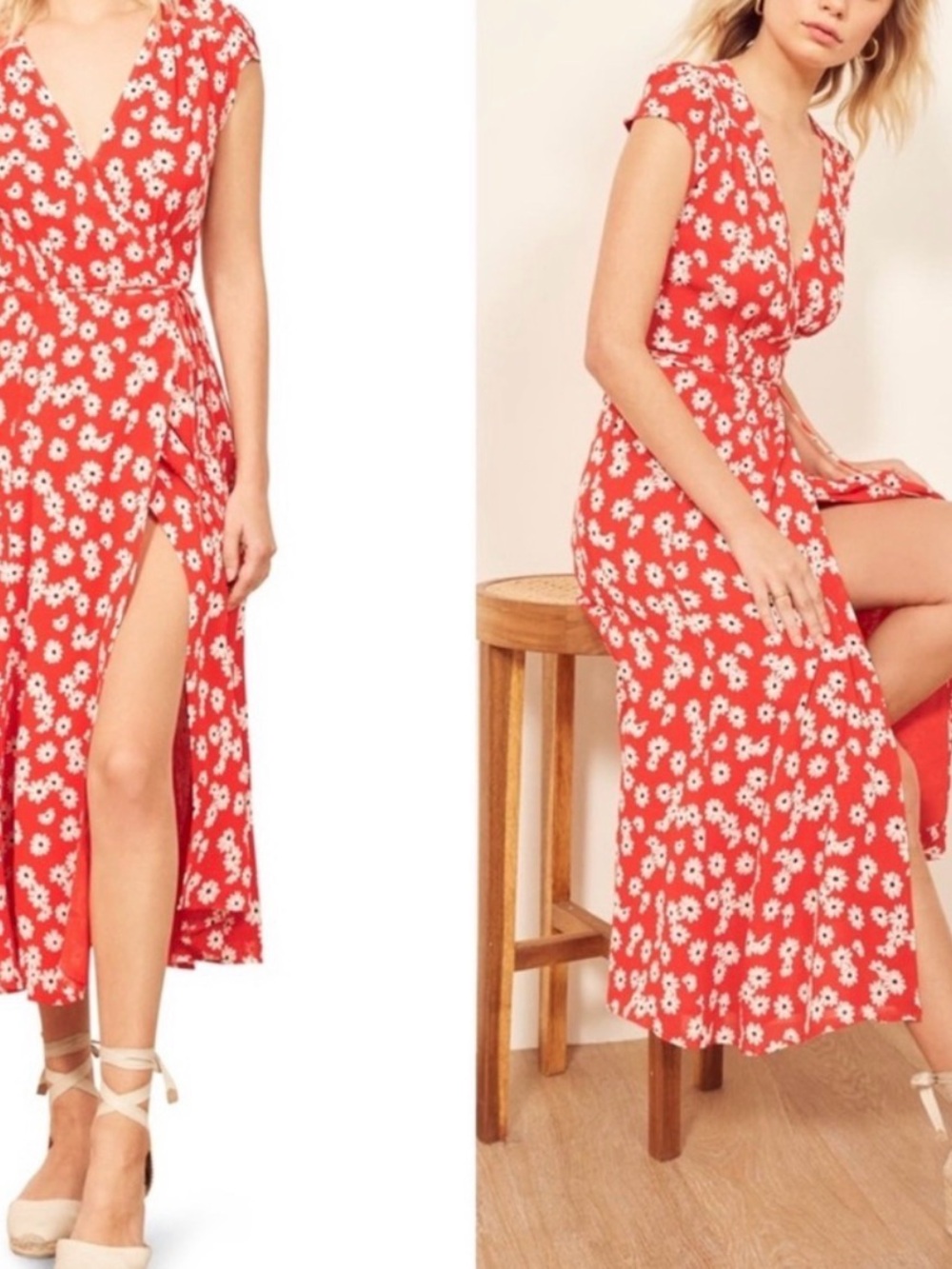 Reformation Red Oopsie Daisy Floral Carina Wrap Midi Dress Classic Timeless XS
